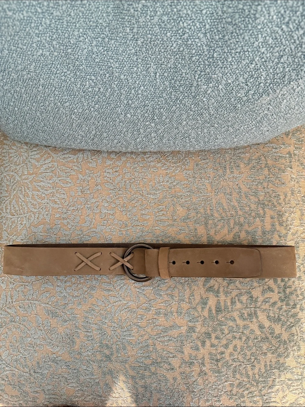 Sundance Neutral Taupe Suede Belt with Round Dark Metal Buckle